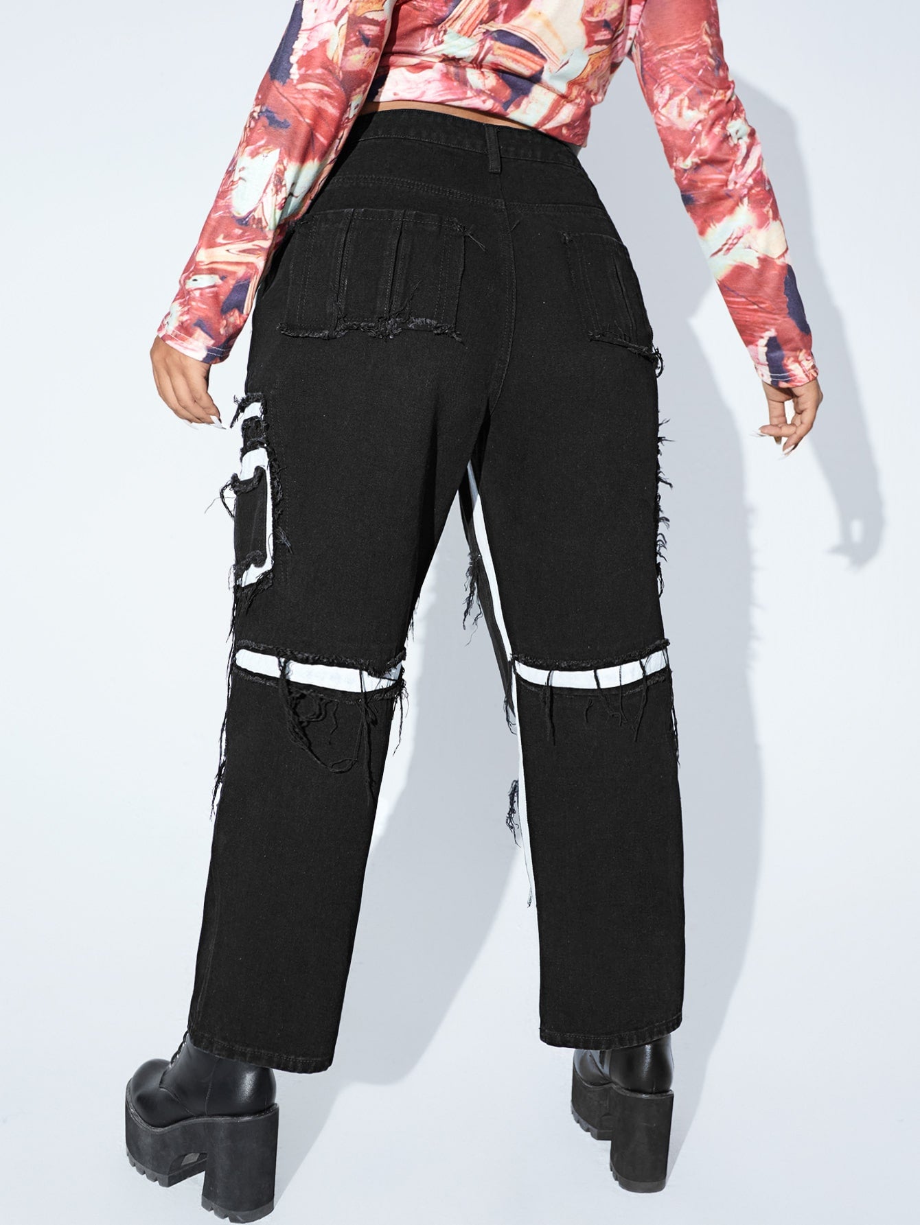 Plus High Waist Ripped Contrast Panel Frayed Jeans