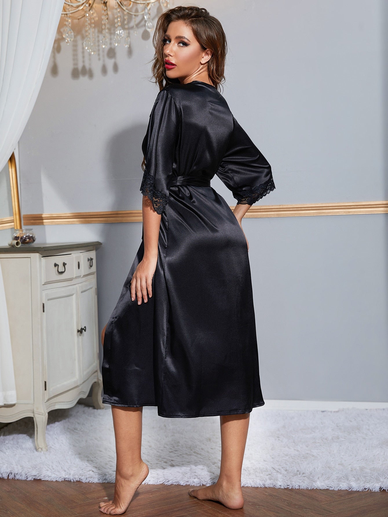 Contrast Lace Panel Belted Satin Night Robe