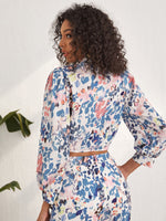 Plant Print Tie Hem Bishop Sleeve Blouse