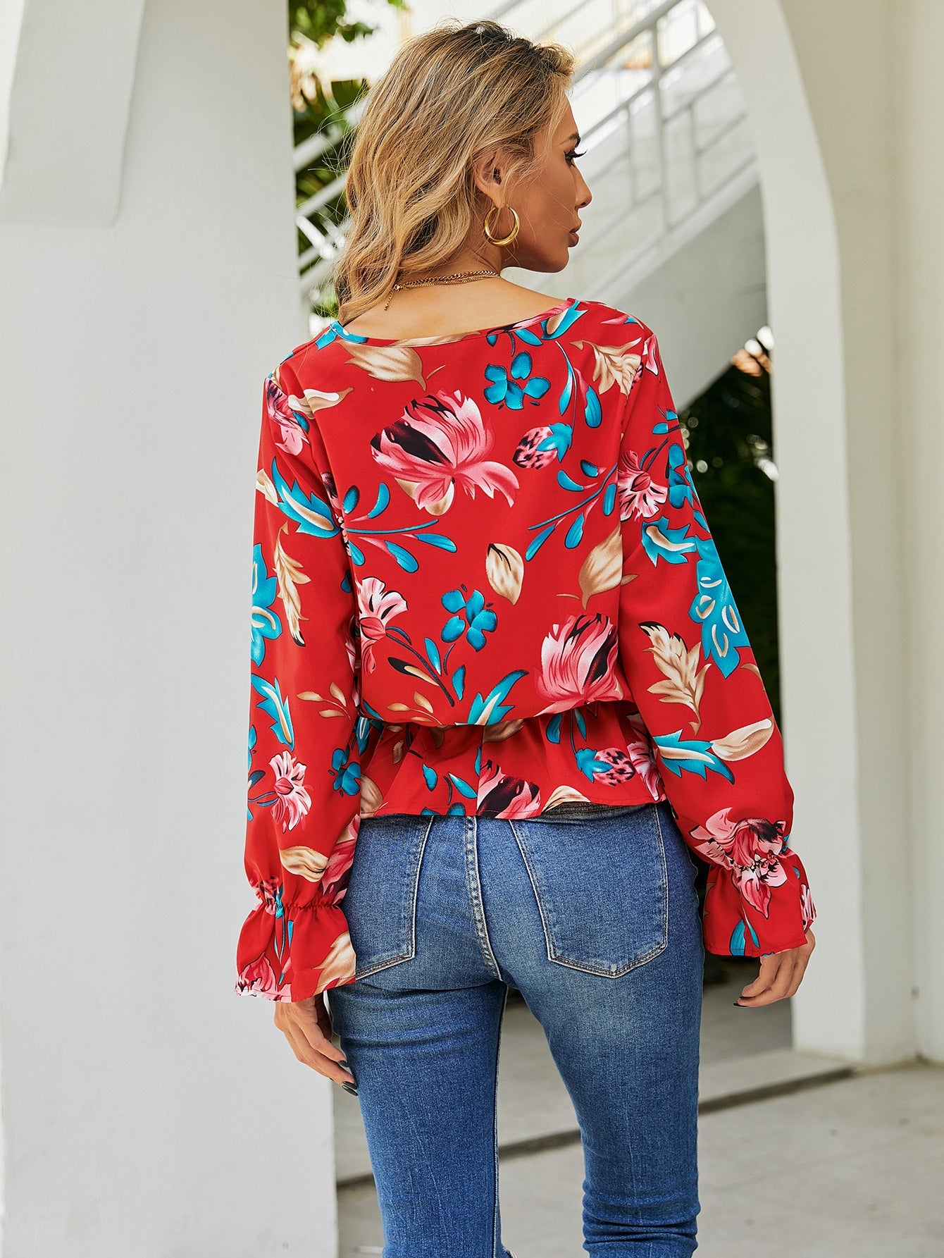 Floral Print Flounce Sleeve Peplum Blouse