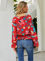 Floral Print Flounce Sleeve Peplum Blouse