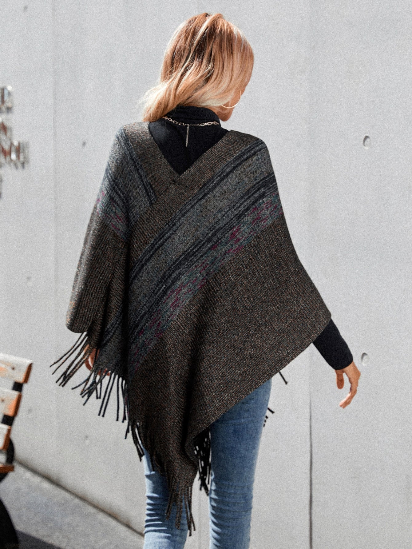Space Dye Asymmetrical Fringe Hem Poncho Sweater