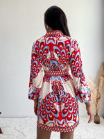Graphic Print Lantern Sleeve Belted Dress