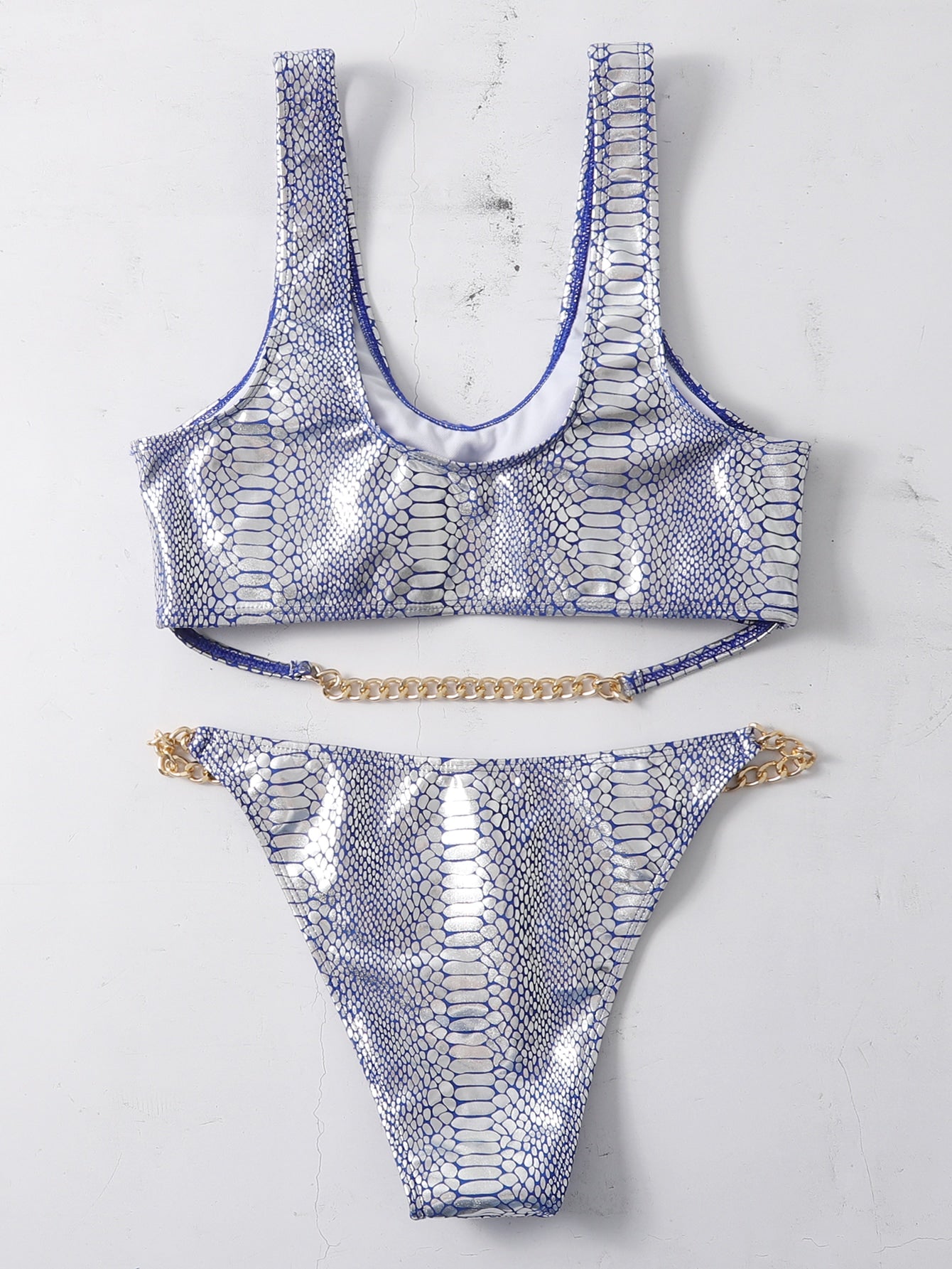 Snakeskin Print Glitter Chain Linked Thong Bikini Swimsuit