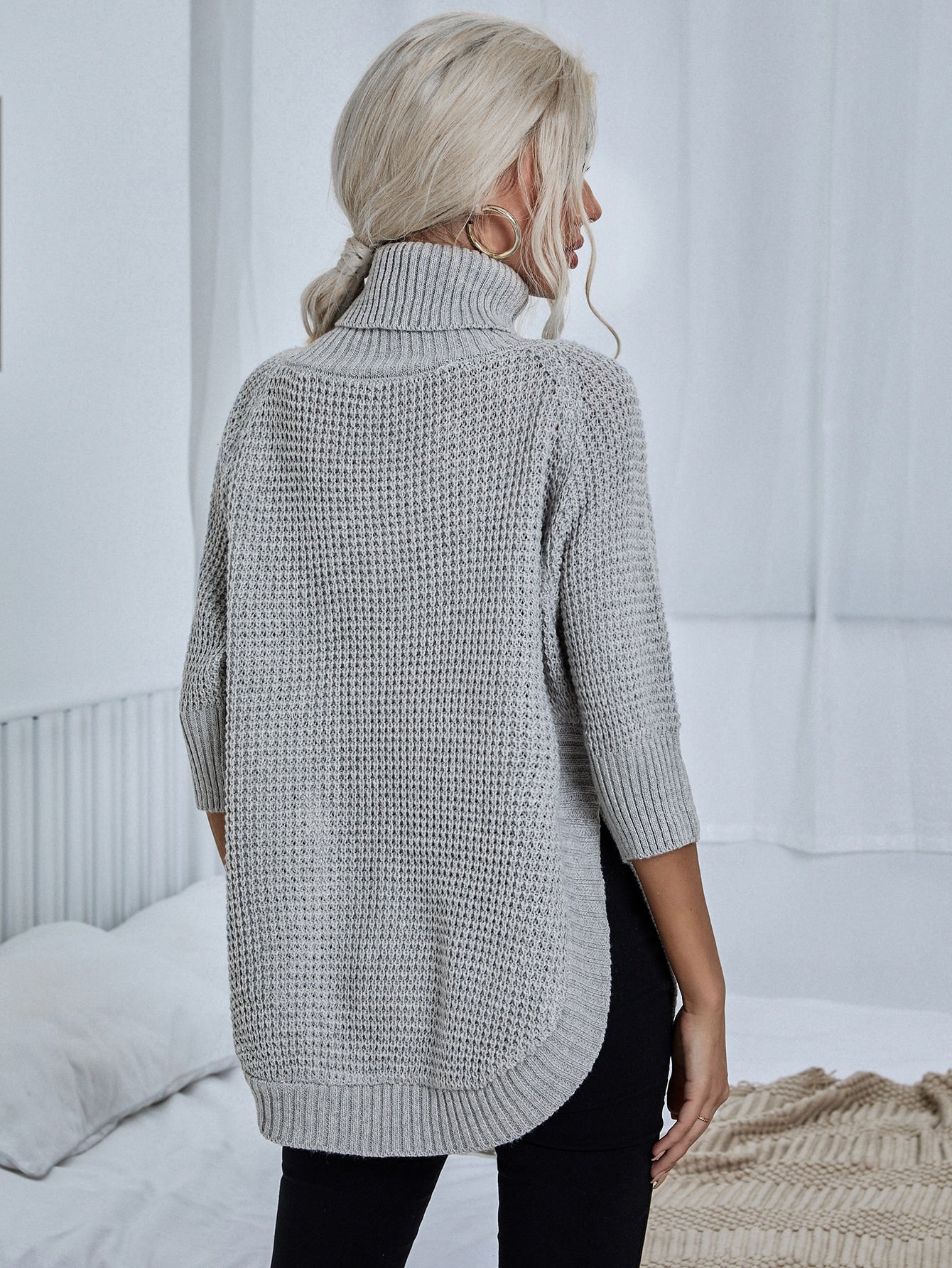 Funnel Neck Waffle Knit Curved Hem Sweater