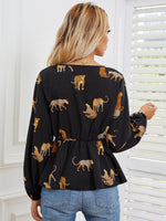 Leopard Print Lantern Sleeve Peplum Hem Blouse