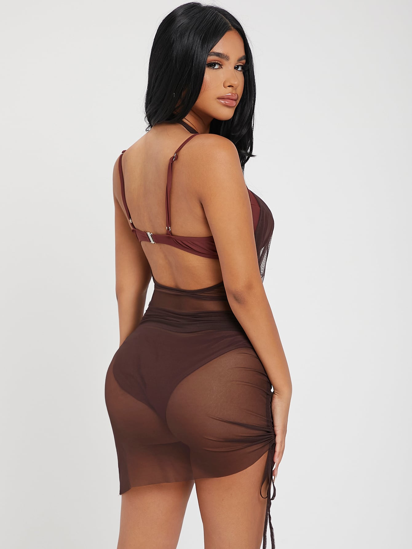 Cut Out Front Drawstring Side Ruched Open Back Mesh Halter Dress