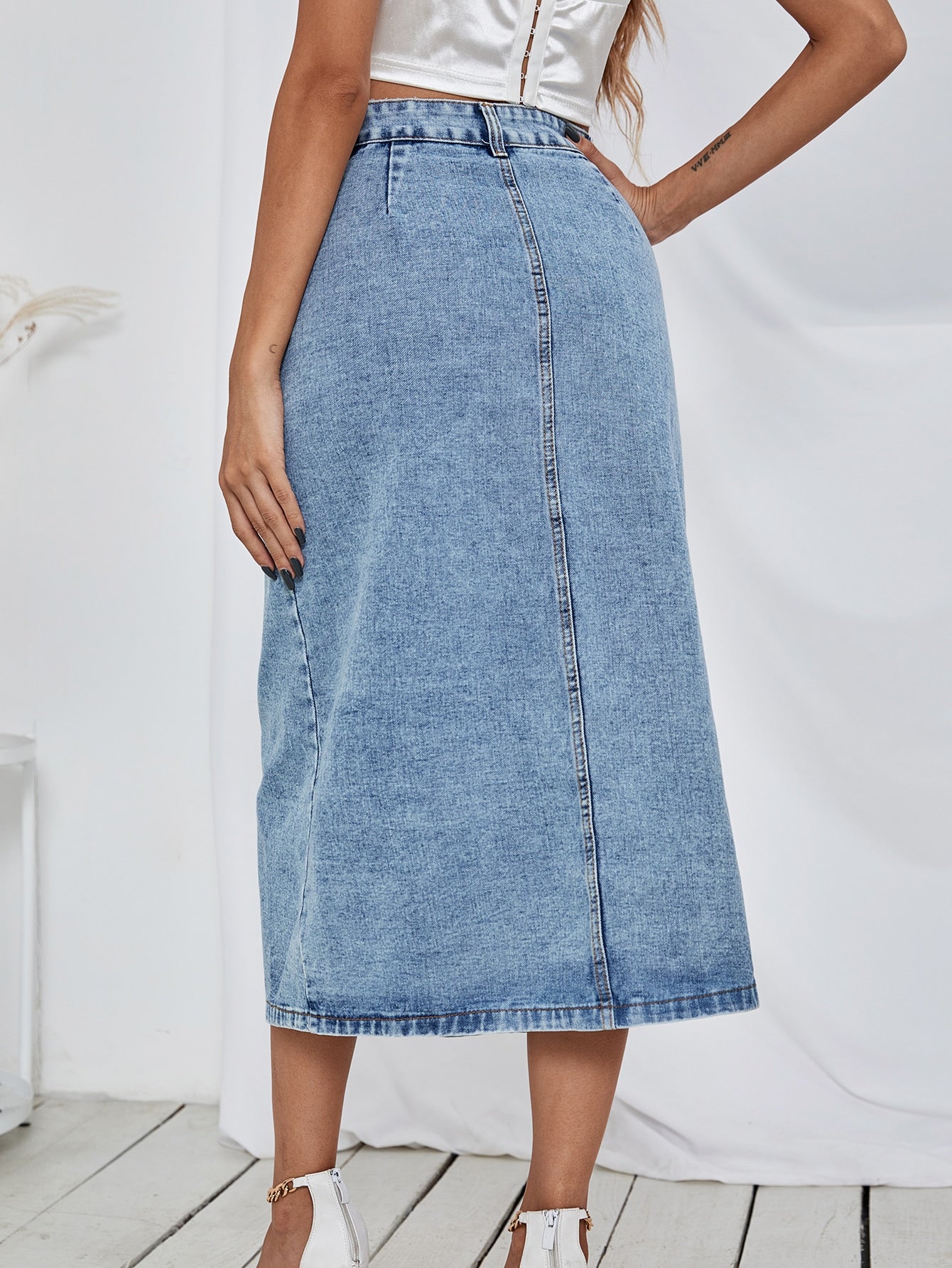 High Waist Button Fly Denim Skirt