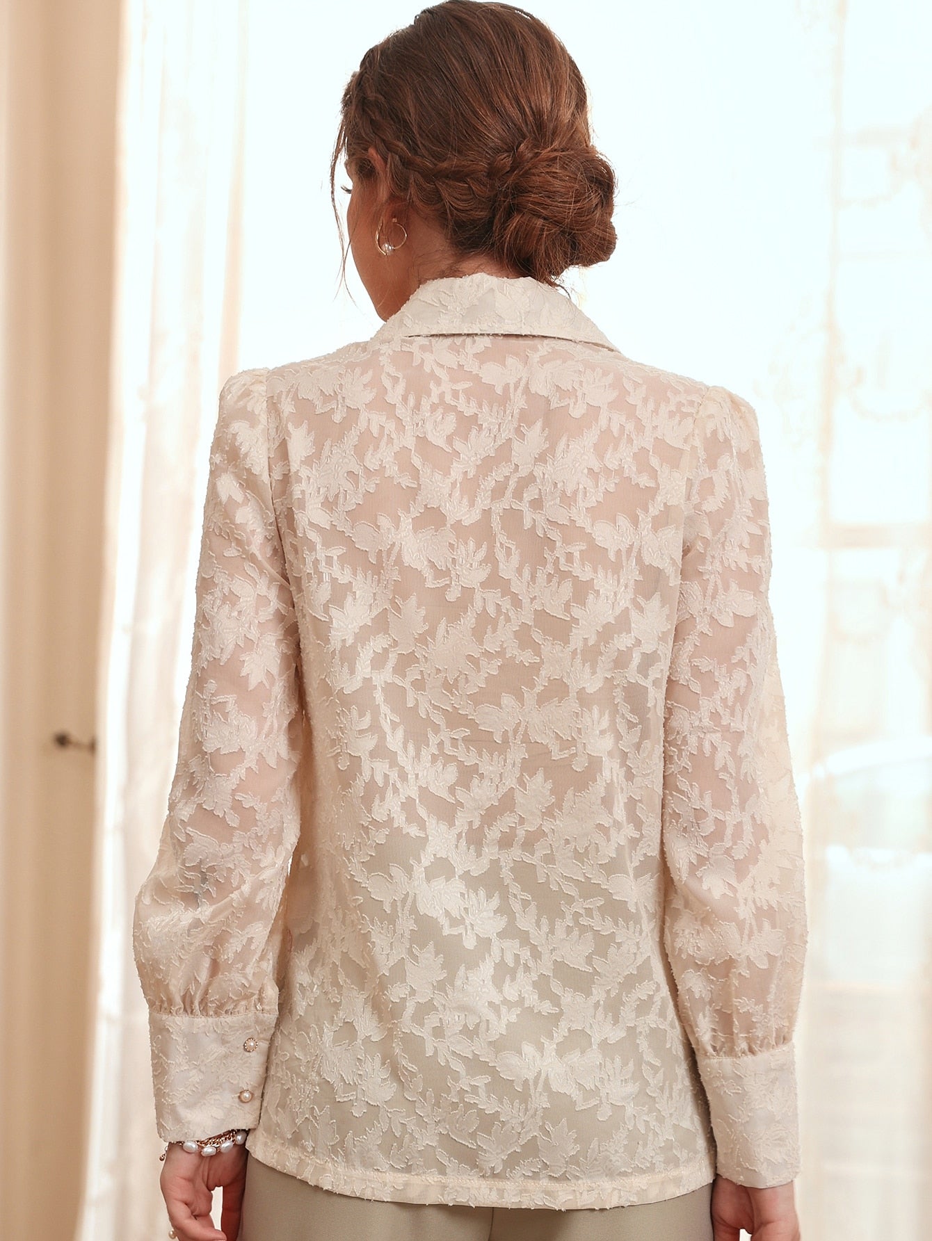 Allover Pattern Button Up Lace Blouse