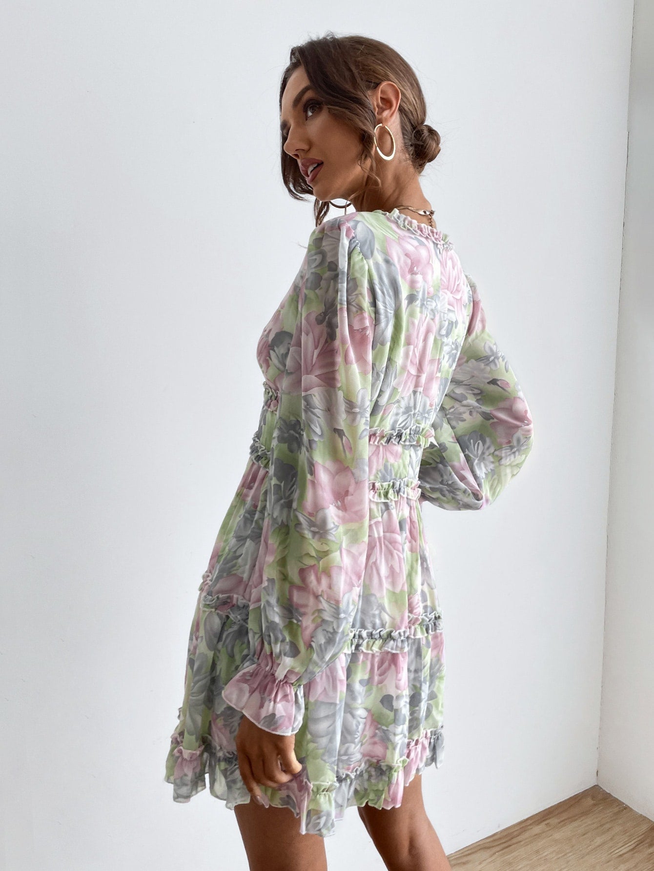 Floral Print Flounce Sleeve Frill Trim Dress