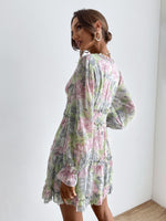 Floral Print Flounce Sleeve Frill Trim Dress