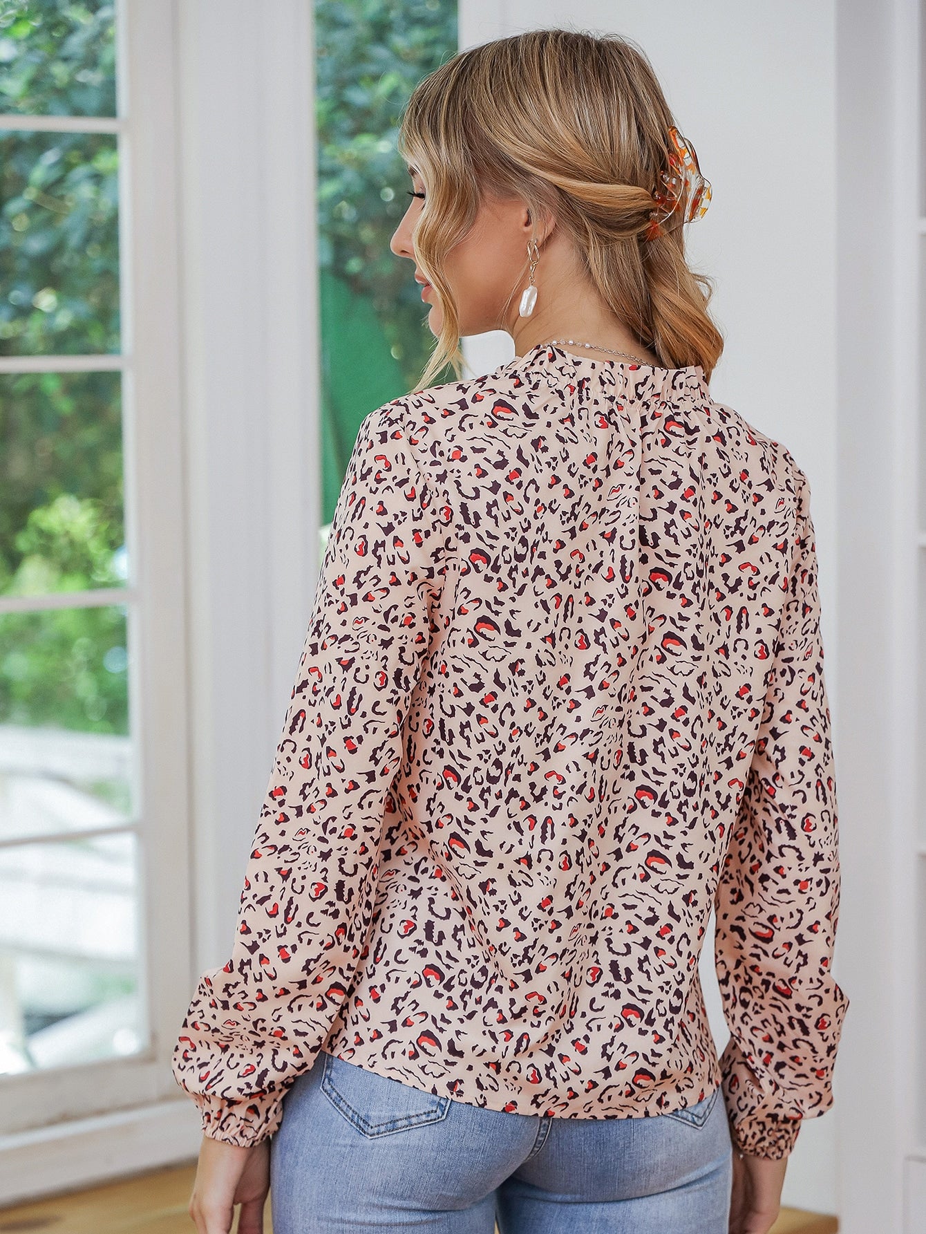 Allover Print Notched Blouse