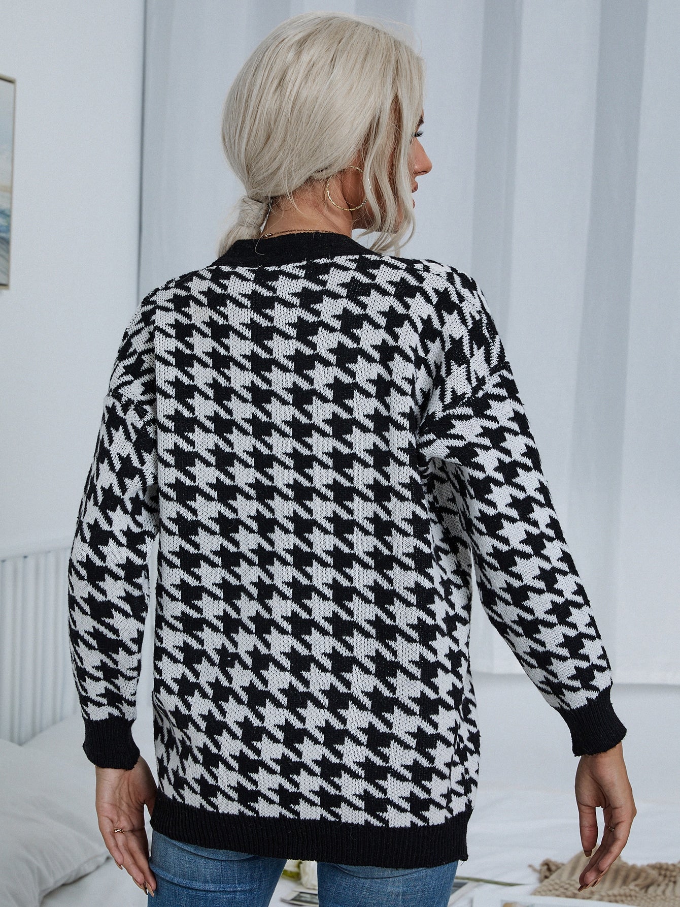 Houndstooth Contrast Binding Cardigan