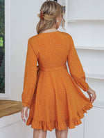 Polka Dot Bishop Sleeve Ruffle Trim Wrap Dress