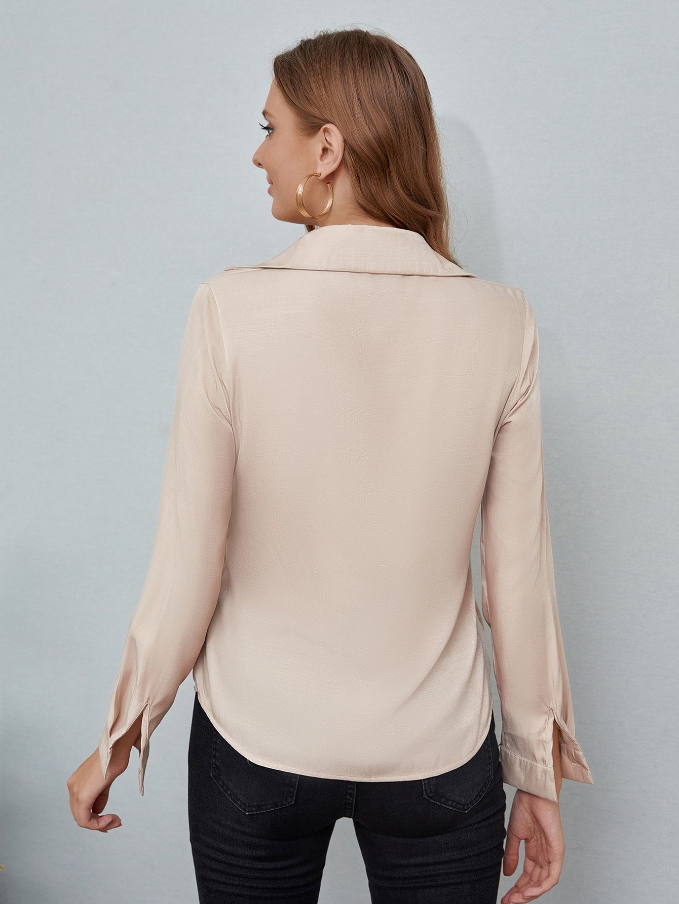 Solid Collared Button Up Blouse