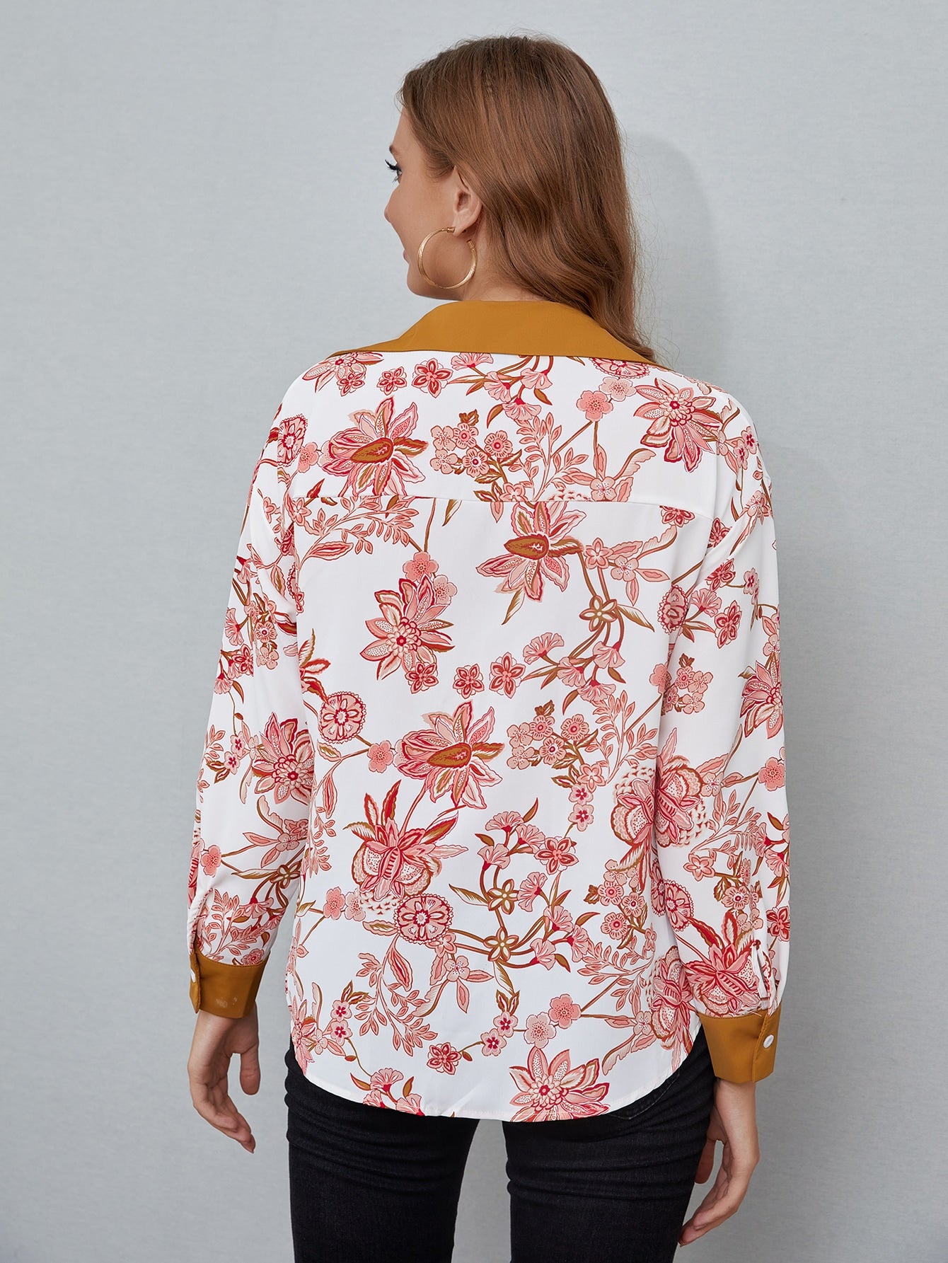 Floral Print Contrast Collar Longline Blouse