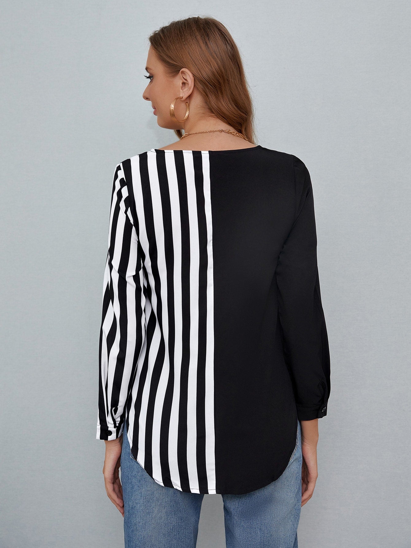 Striped Button Front Pocket Blouse