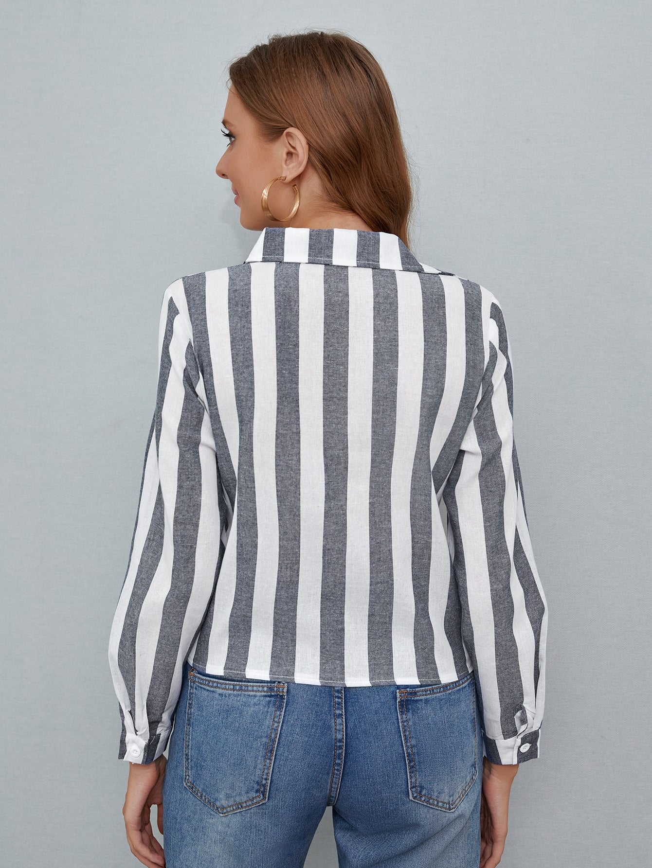 Striped Print Flap Pocket Tie Front Blouse