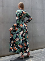 Tropical Mock Neck Lantern Sleeve Belted Dress