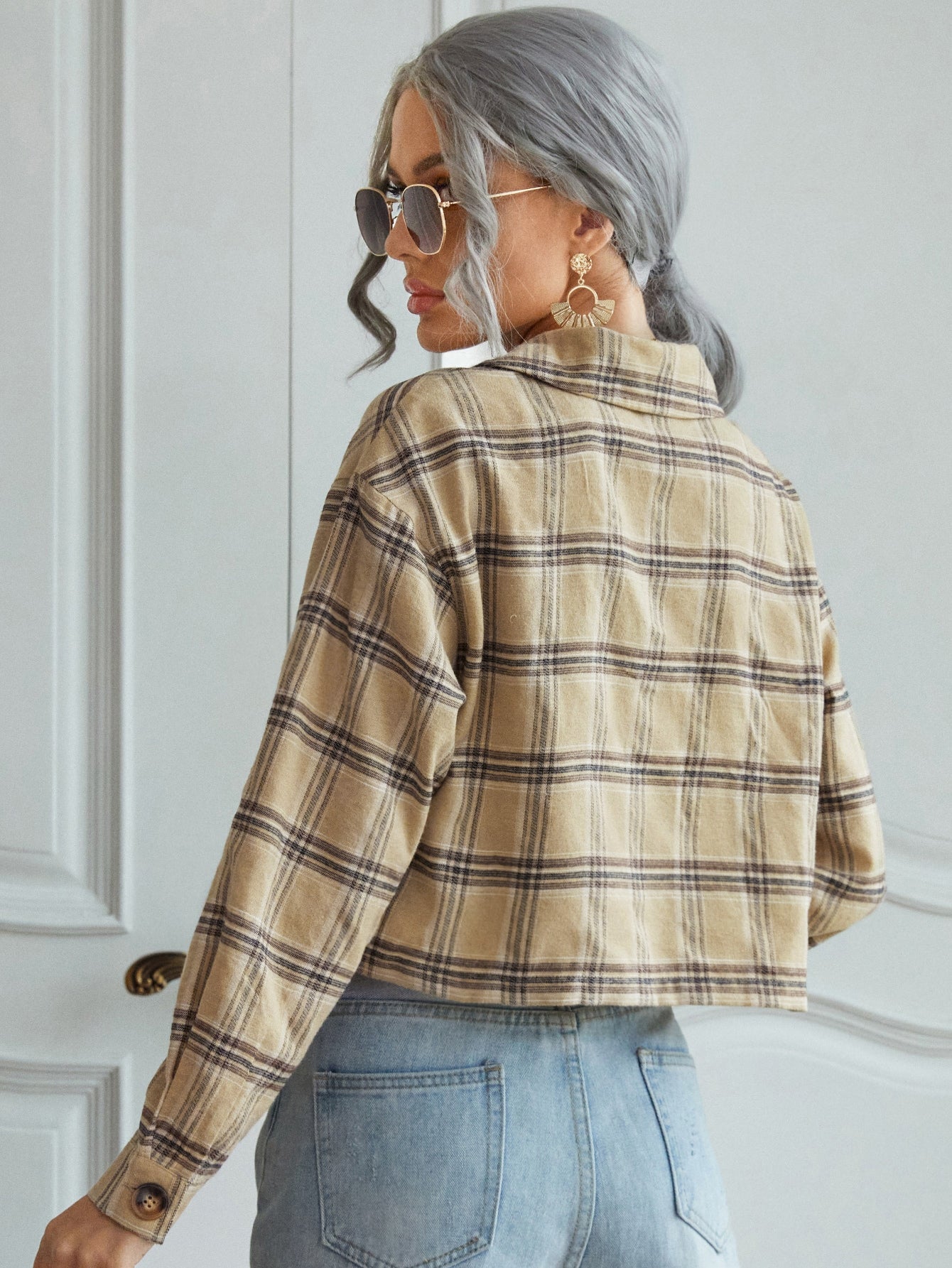 Plaid Print Flap Pocket Drop Shoulder Jacket