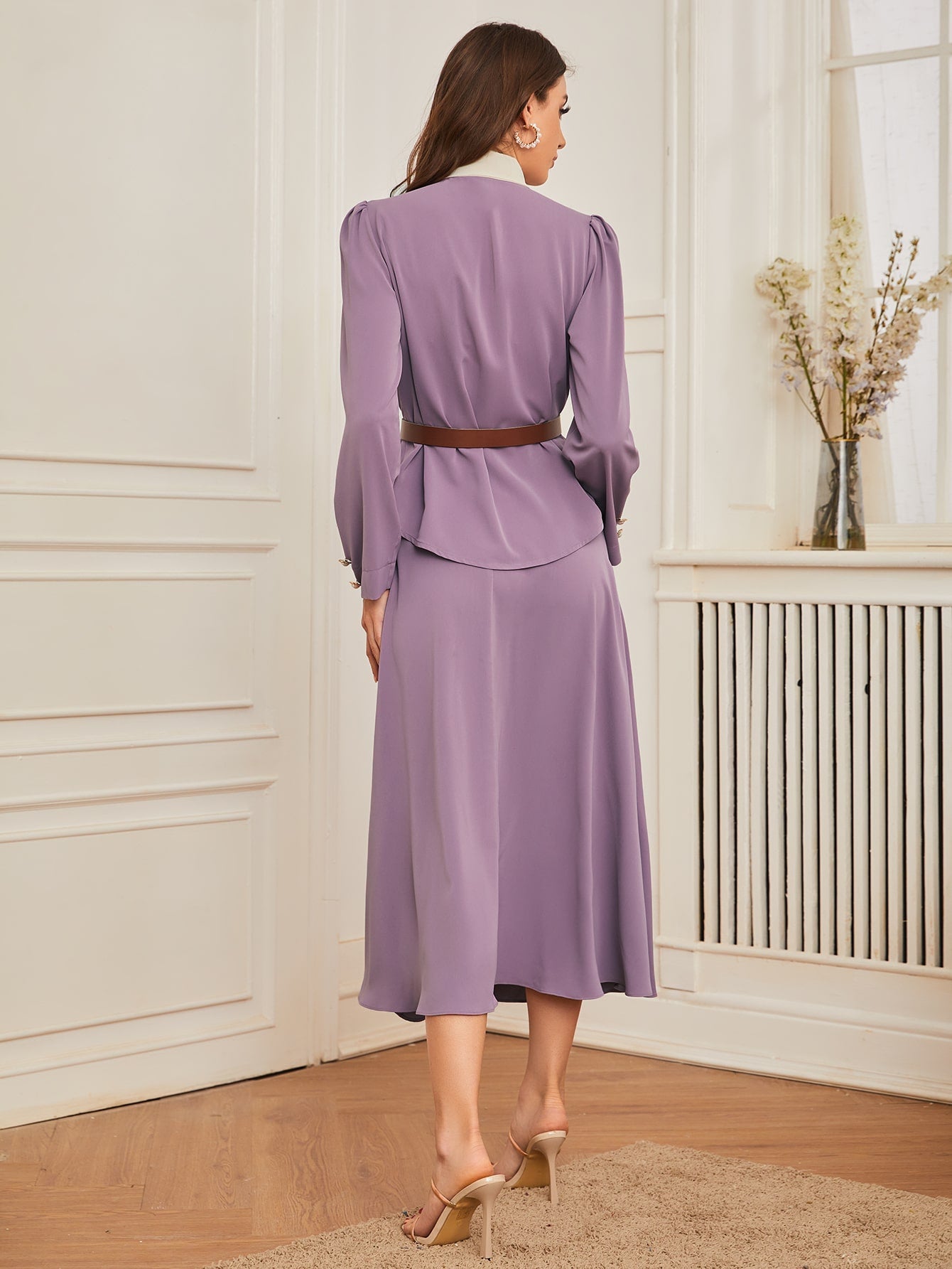 Bow Neck Button Front Belted Blazer & Flared Skirt