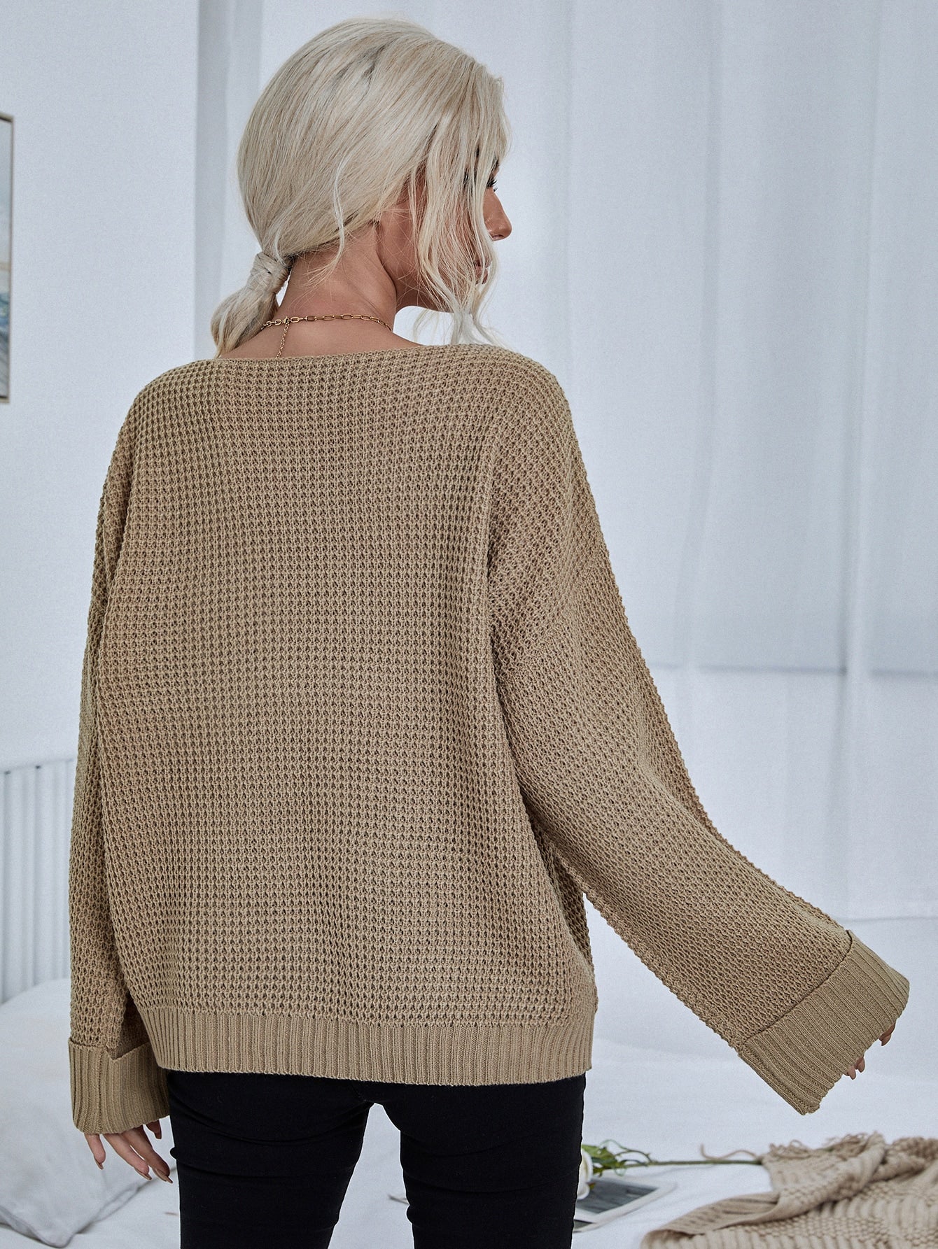 Pocket Detail Waffle Knit Sweater