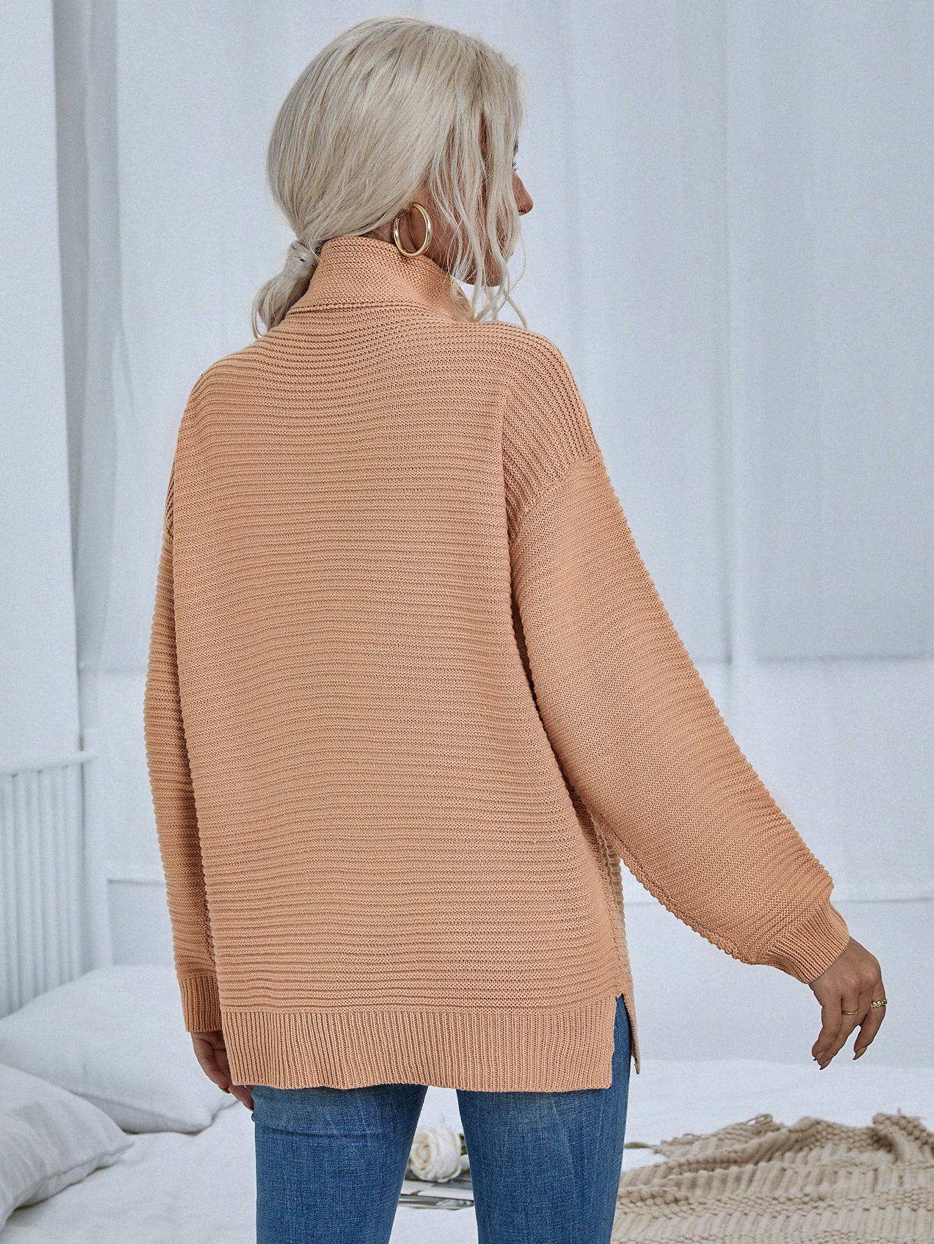 High Neck Drop Shoulder Split Hem Sweater