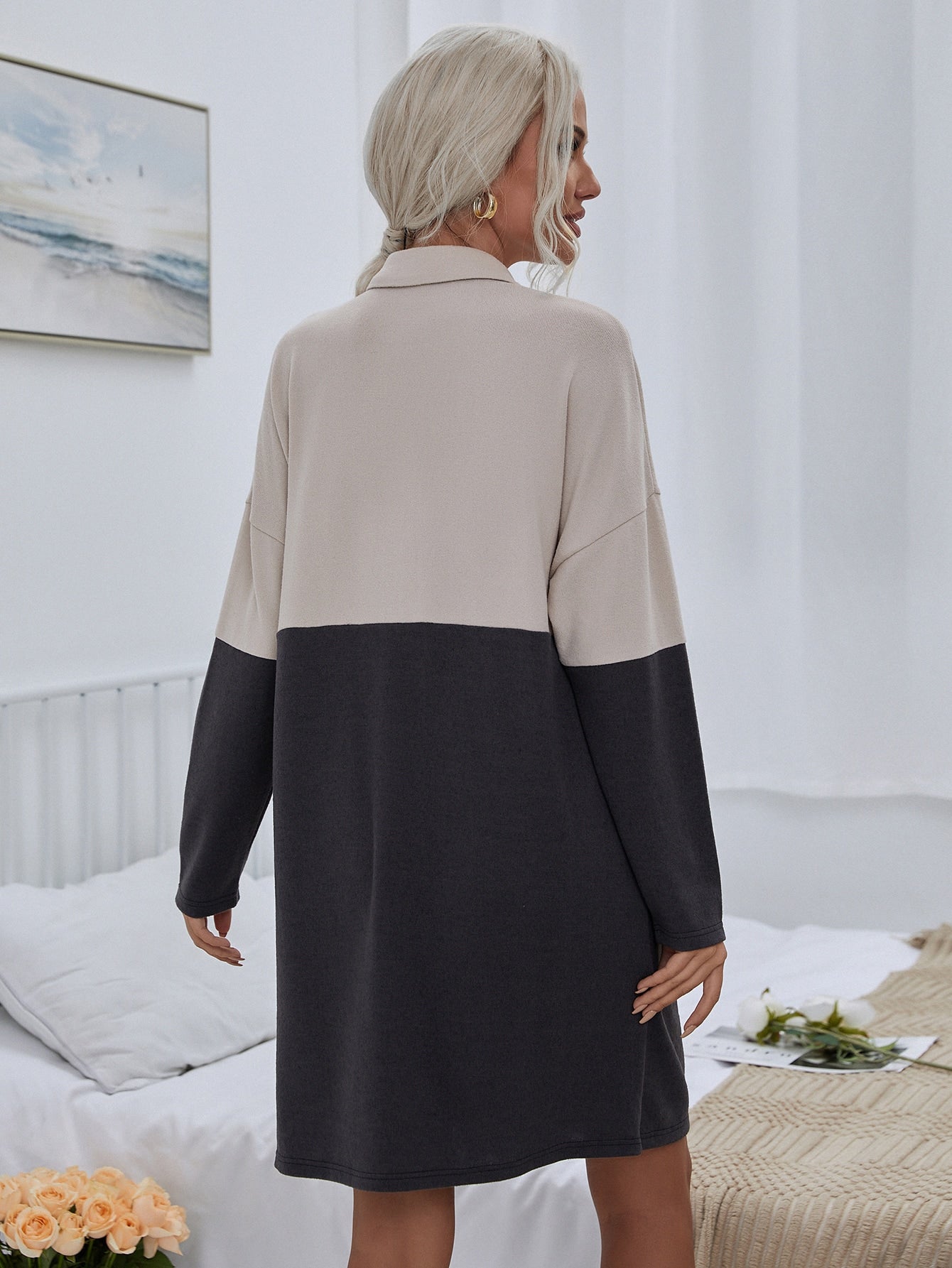 Two Tone Drop Shoulder Shirt Dress
