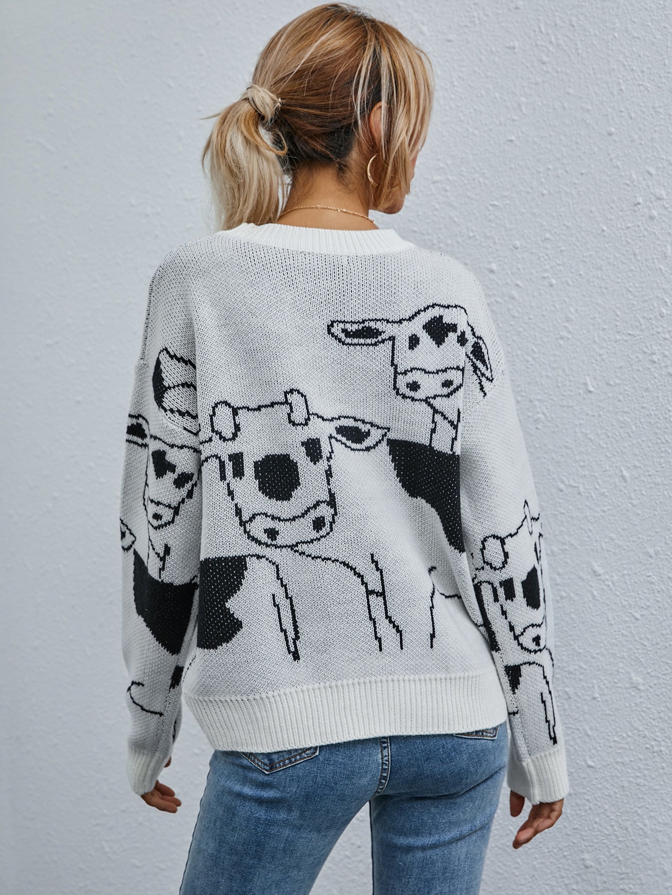 Drop Shoulder Cow Pattern Sweater