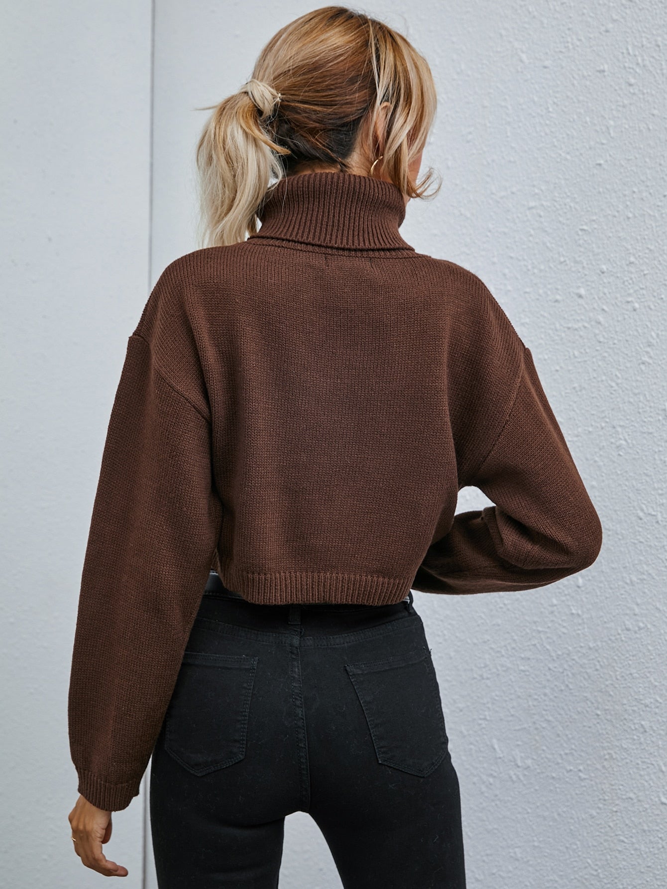 High Neck Drop Shoulder Crop Sweater