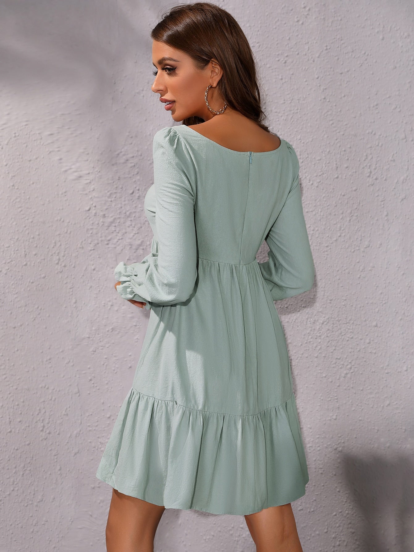 Sweetheart Neck Ruffle Hem Flounce Sleeve Smock Dress