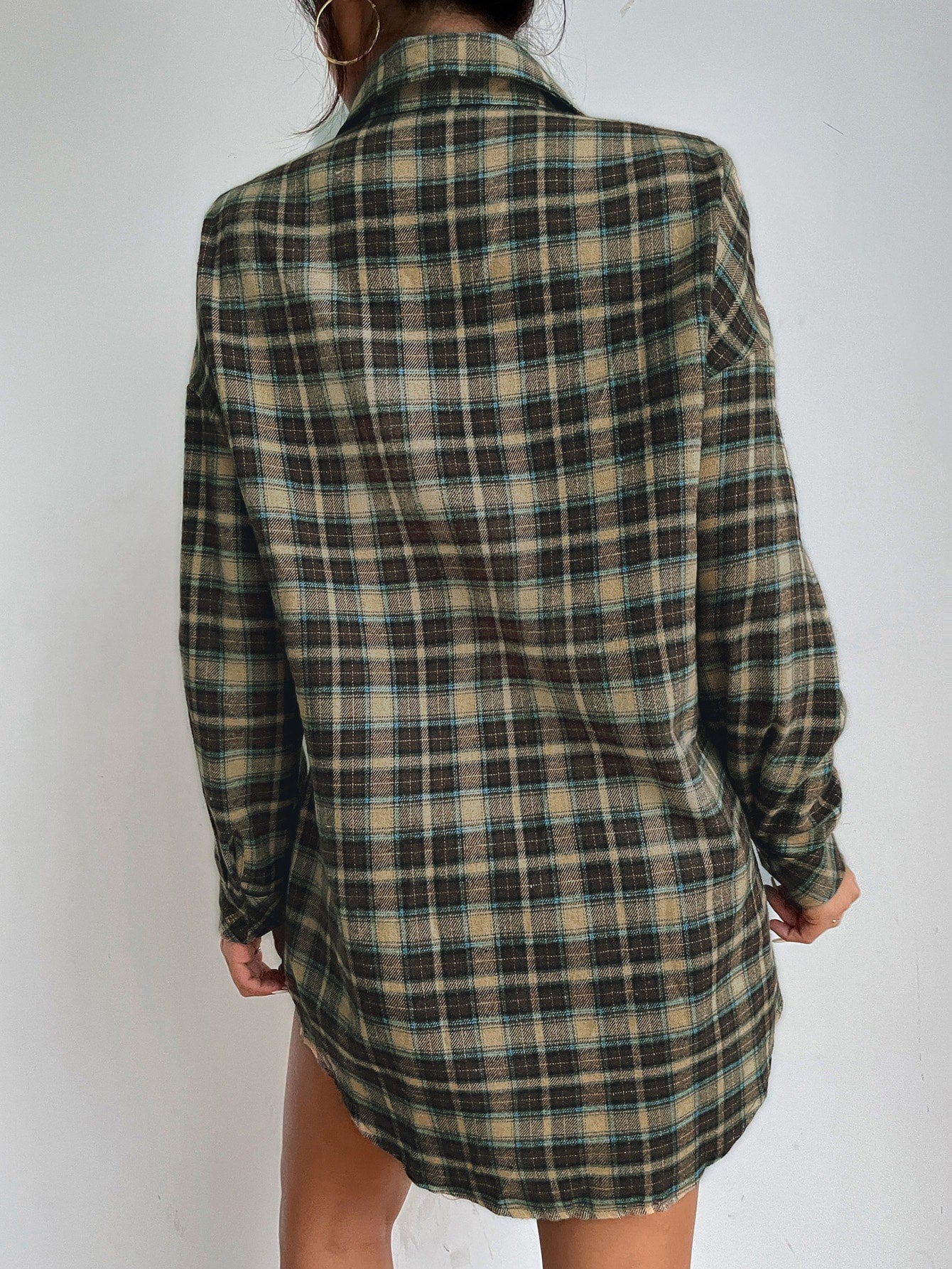Plaid Print Drop Shoulder Flap Pocket Colorblock Blouse