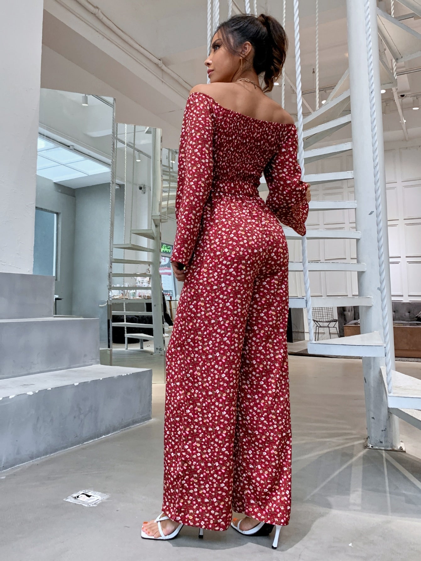 Ditsy Floral Print Off Shoulder Shirred Belted Jumpsuit