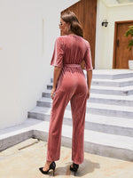 Overlap Collar Dolman Sleeve Belted Velvet Jumpsuit