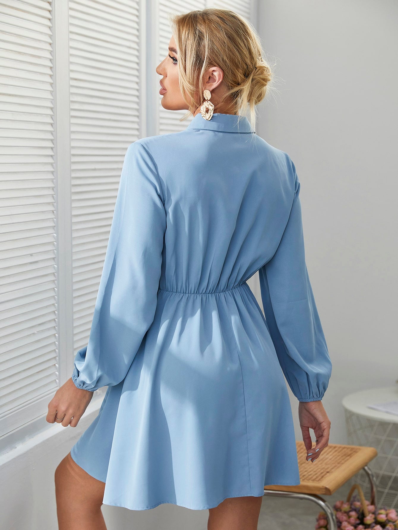 Tie Front Bishop Sleeve Shirt Dress