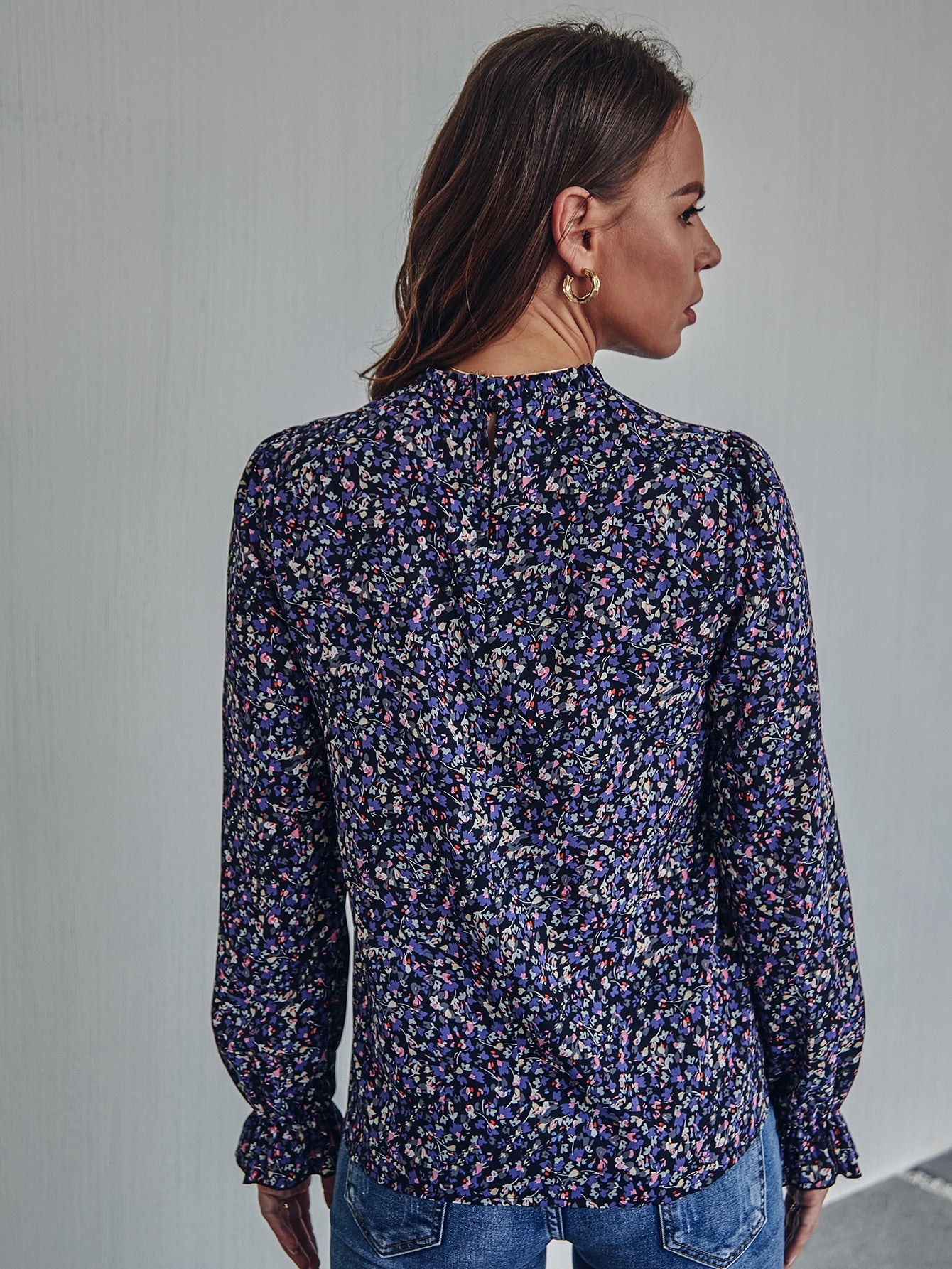 Ditsy Floral Flounce Sleeve Single Button Back Blouse
