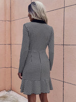 Houndstooth Shawl Collar Double Breasted Ruffle Hem Dress