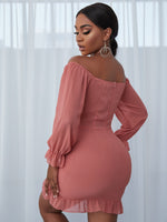 Ruched Off Shoulder Flounce Sleeve Bodycon Dress