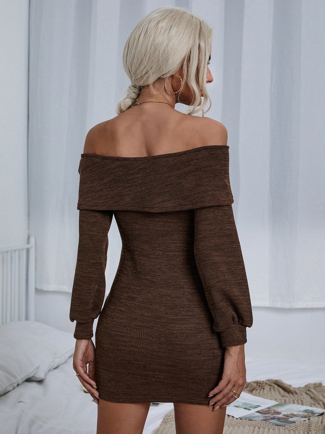 Off Shoulder Marled Knit Bodycon Dress