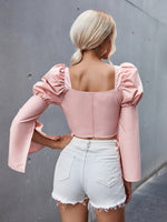 Frill Trim Square Neck Slit Puff Sleeve Crop Blouse