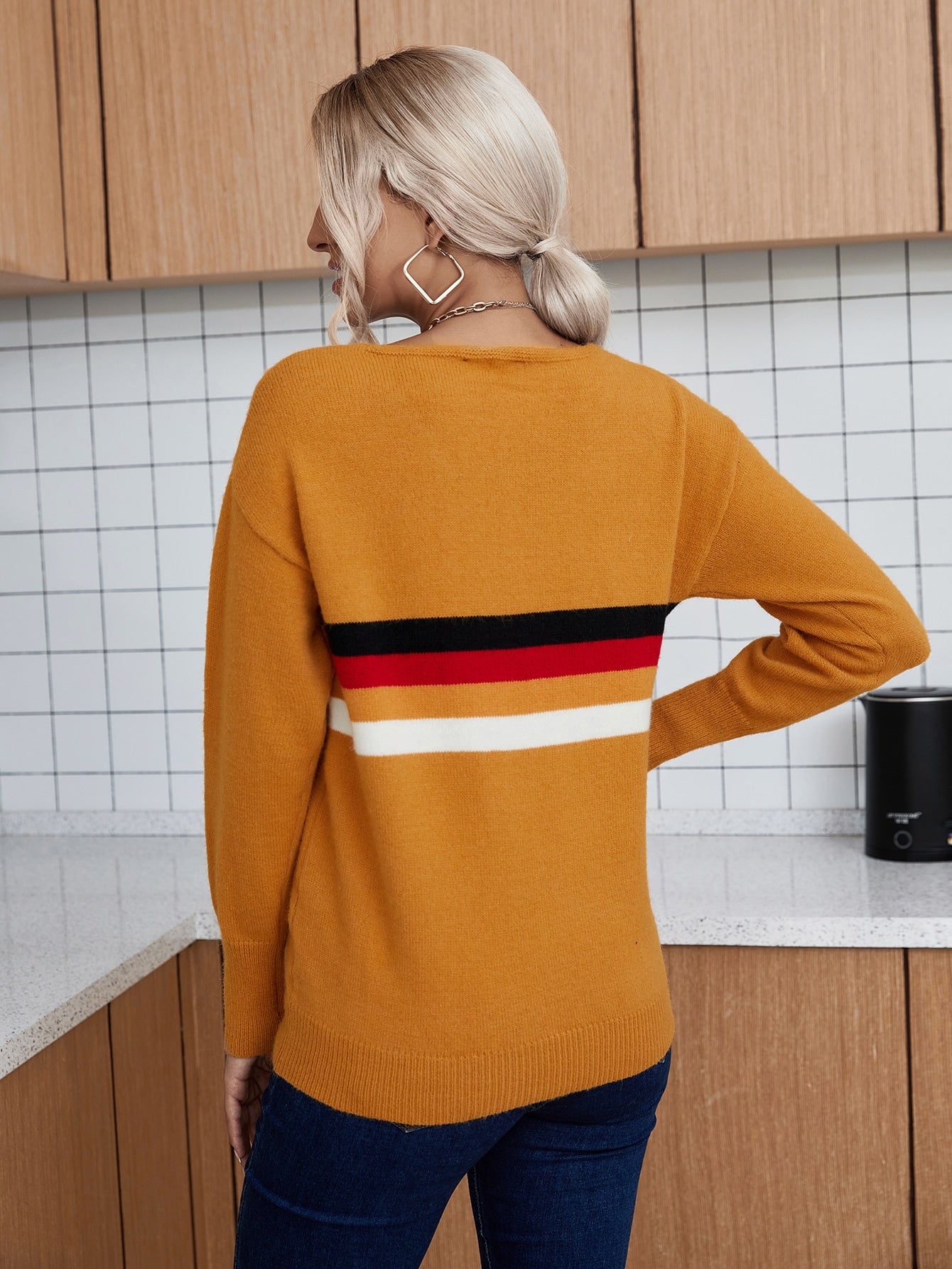 V Neck Striped Pattern Sweater