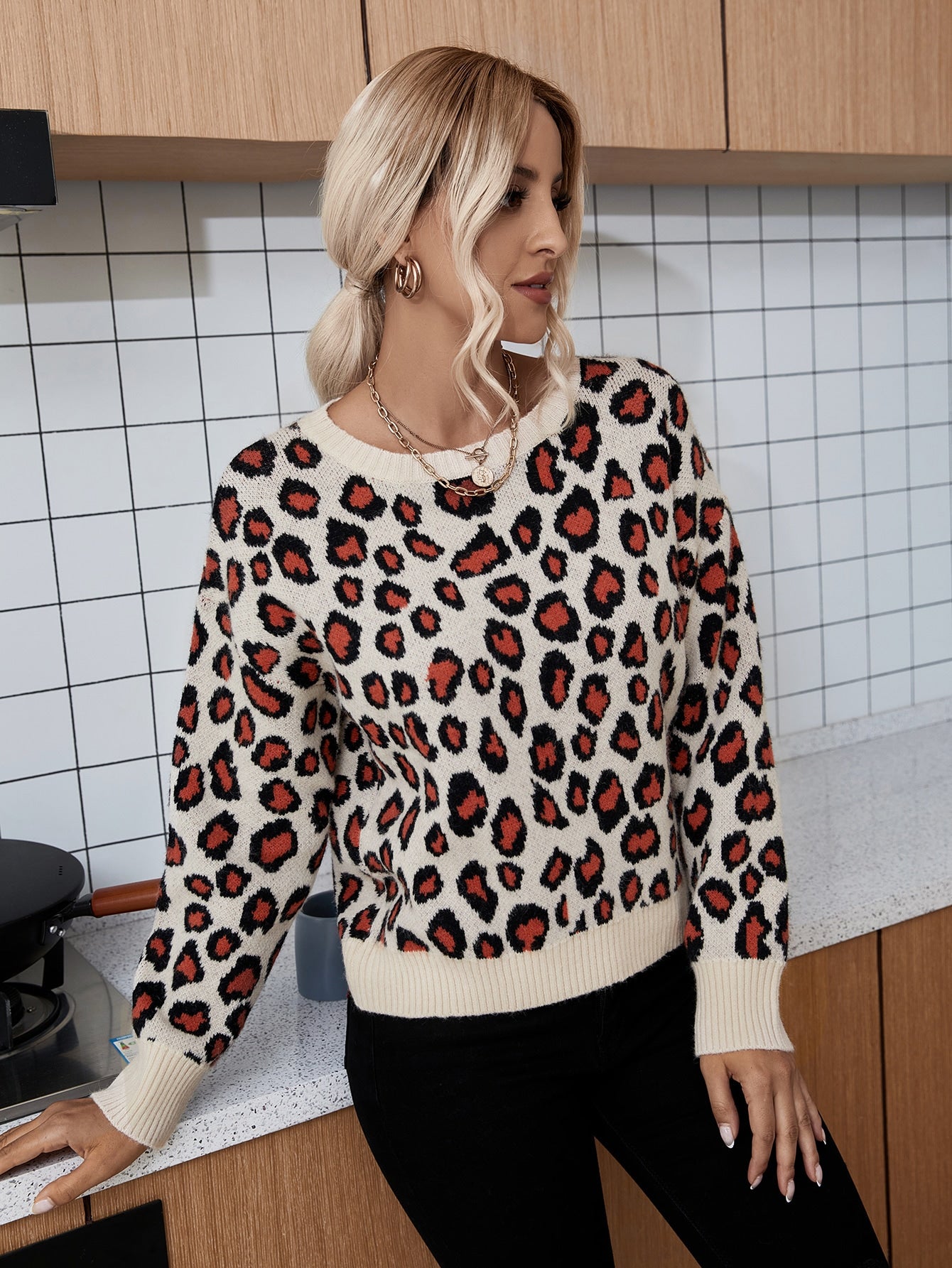 Leopard Pattern Backless Cut Out Drop Shoulder Sweater