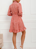 Shirred Ruffle Neck Dalmatian Print Flounce Sleeve Dress