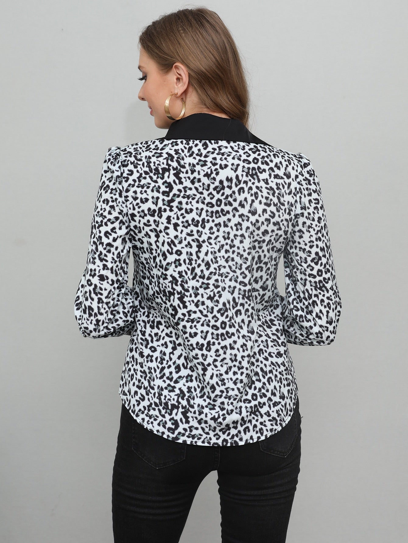 Leopard Print Patch Pocket Button Front Blouse