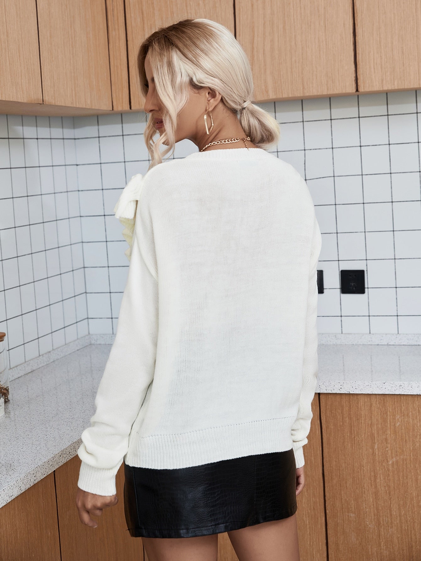 Solid Ruffle Trim Drop Shoulder Sweater