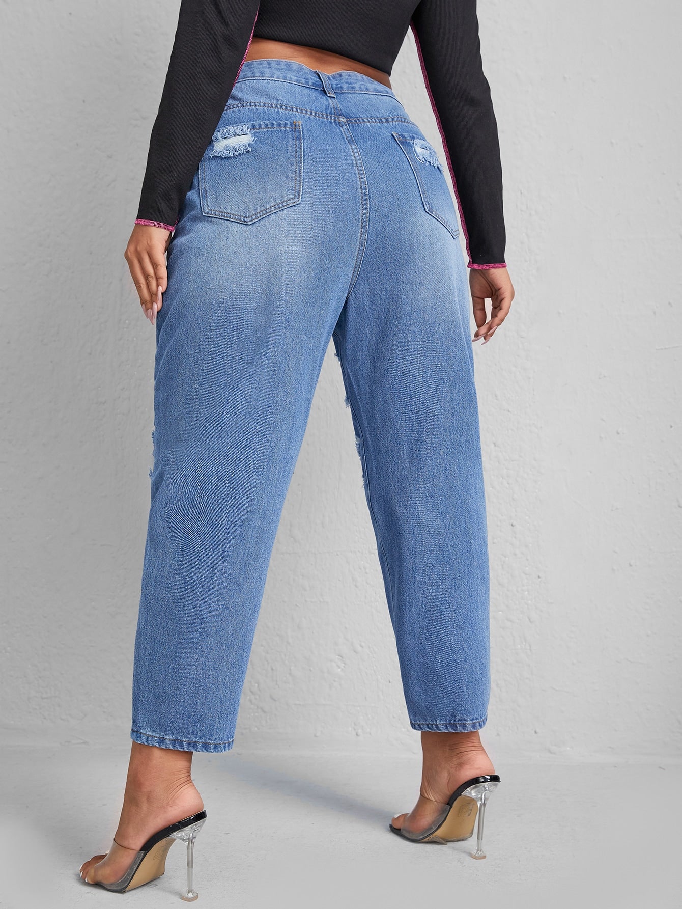 Plus High Waist Ladder Distressed Mom Fit Jeans
