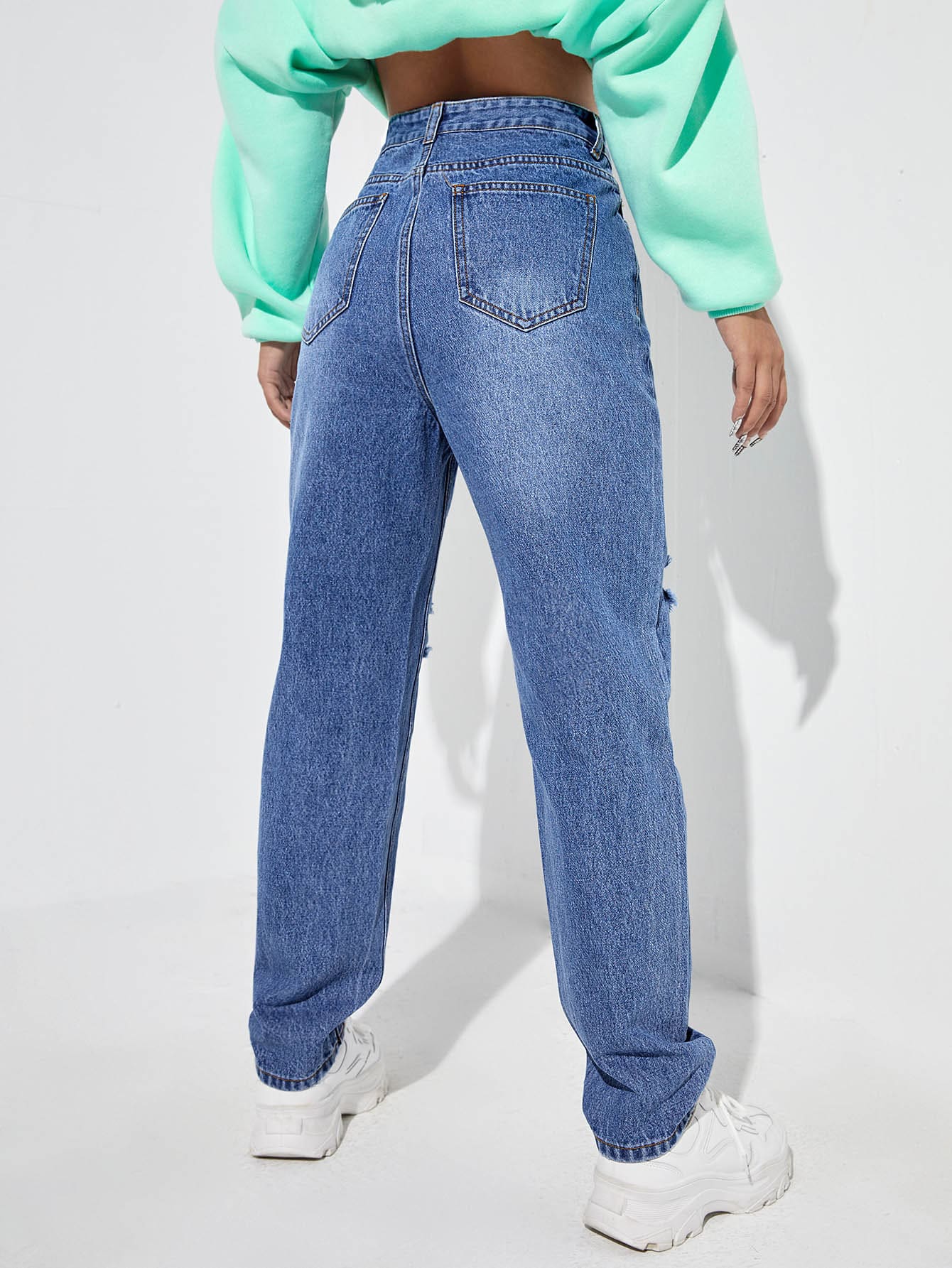 High Waist Ripped Straight Leg Jeans