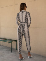 Snakeskin Print Button Front Belted Jumpsuit