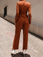 Solid Button Front Blouse With Belted Straight Leg Pants