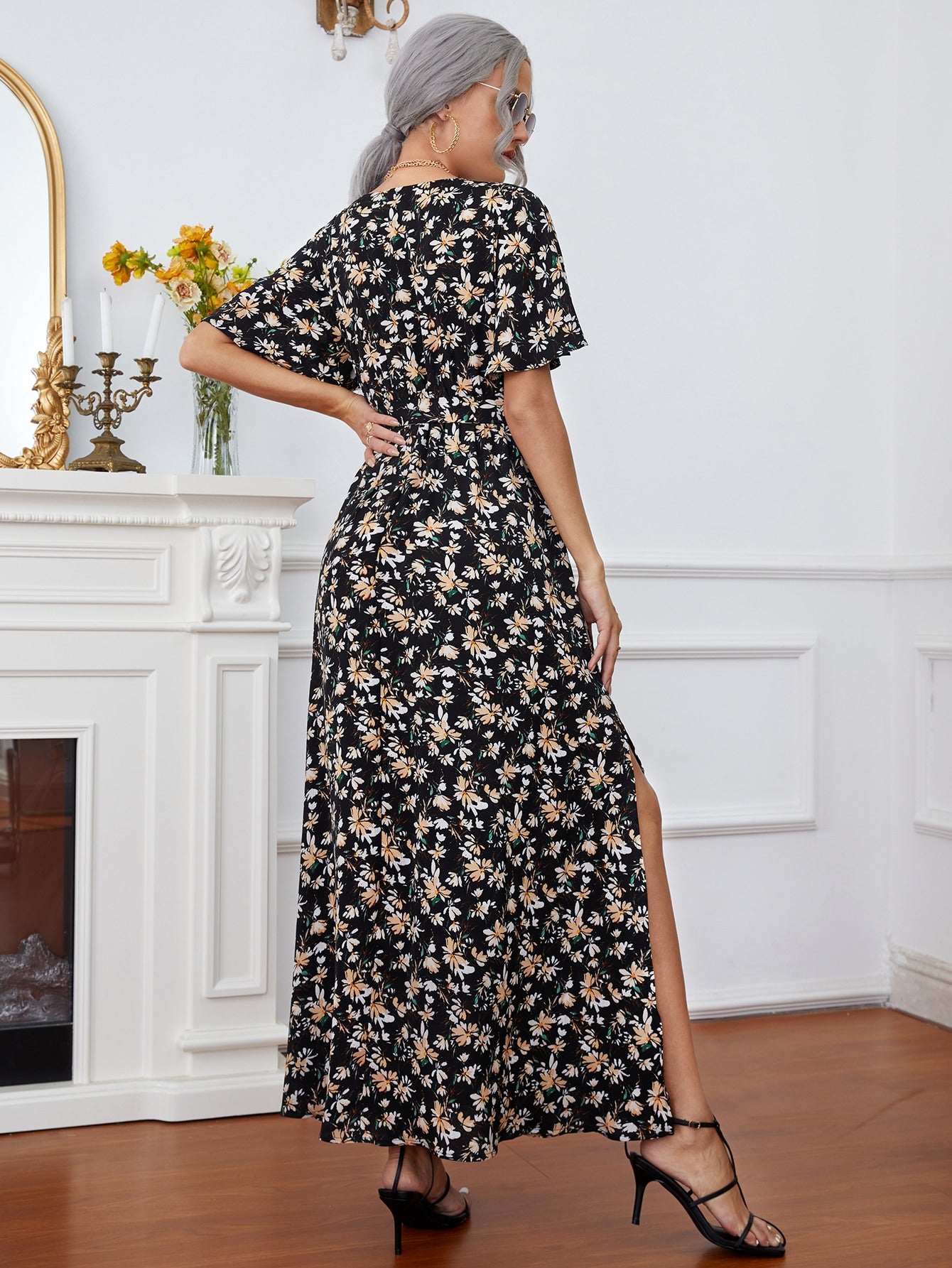 Floral Print Butterfly Sleeve Split Thigh Belted Dress